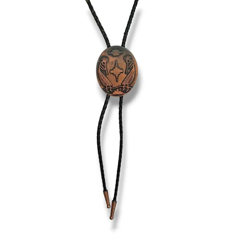 Vintage Copper Kokopelli Bolo Tie Southwestern Flute Player Black Cord Tips